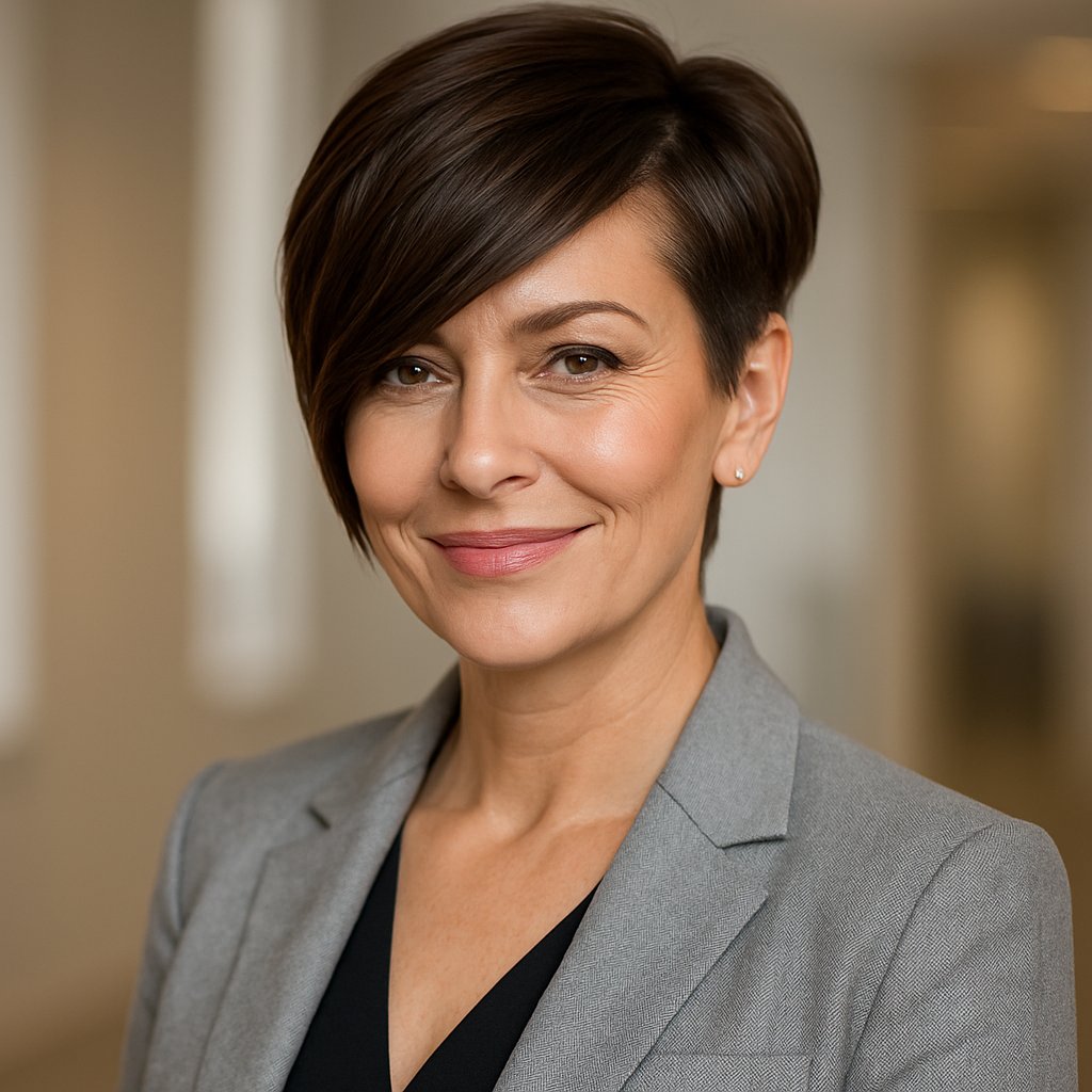 Portrait of a smiling middle-aged woman with a short asymmetrical haircut in a professional setting.