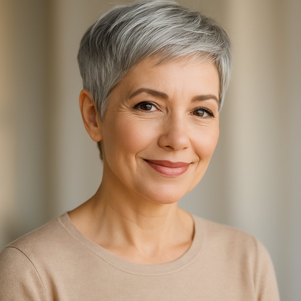 A smiling woman over 45 with short silver gray hair, looking confidently at the camera against a softly blurred background.