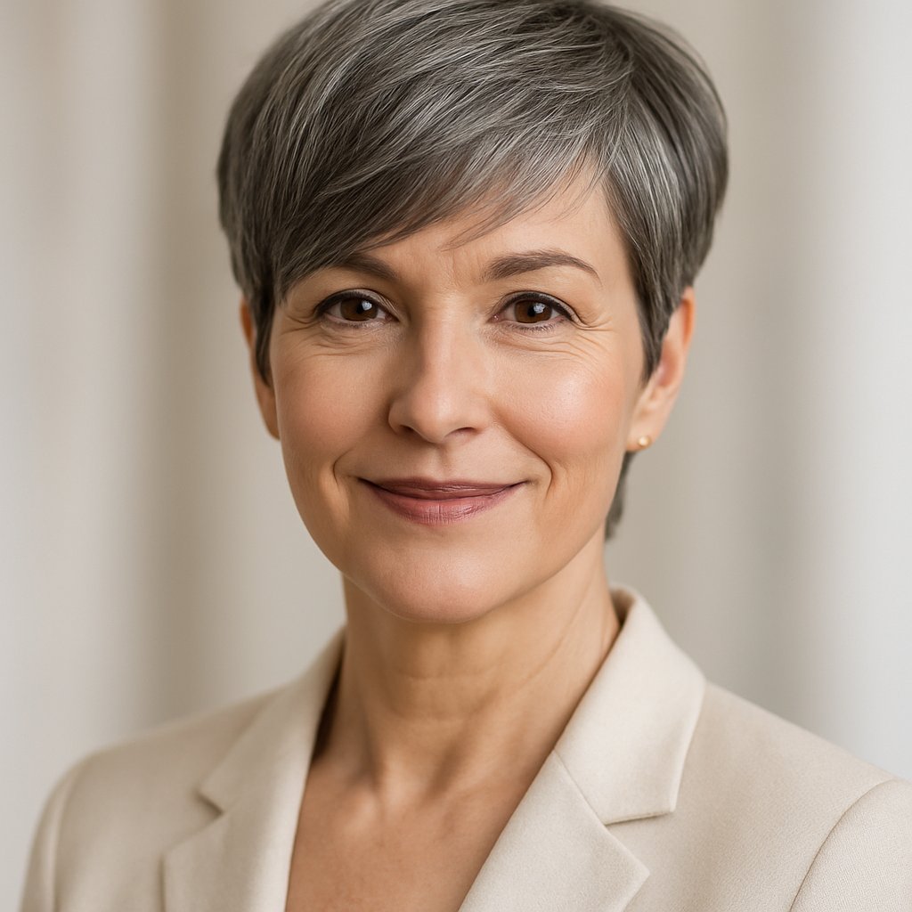 Portrait of a smiling middle-aged woman with a short haircut and side fringe against a neutral background.
