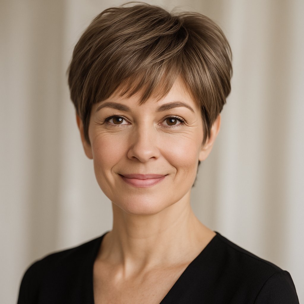 A smiling woman over 45 with a short feathered pixie haircut in a softly lit studio setting.