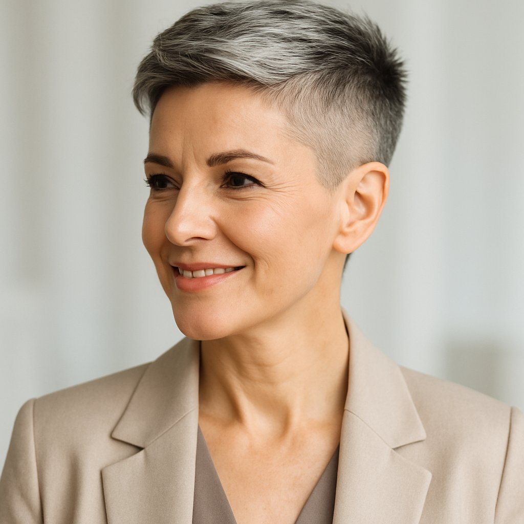 A smiling woman over 45 with a short haircut, looking slightly to the side against a simple background.