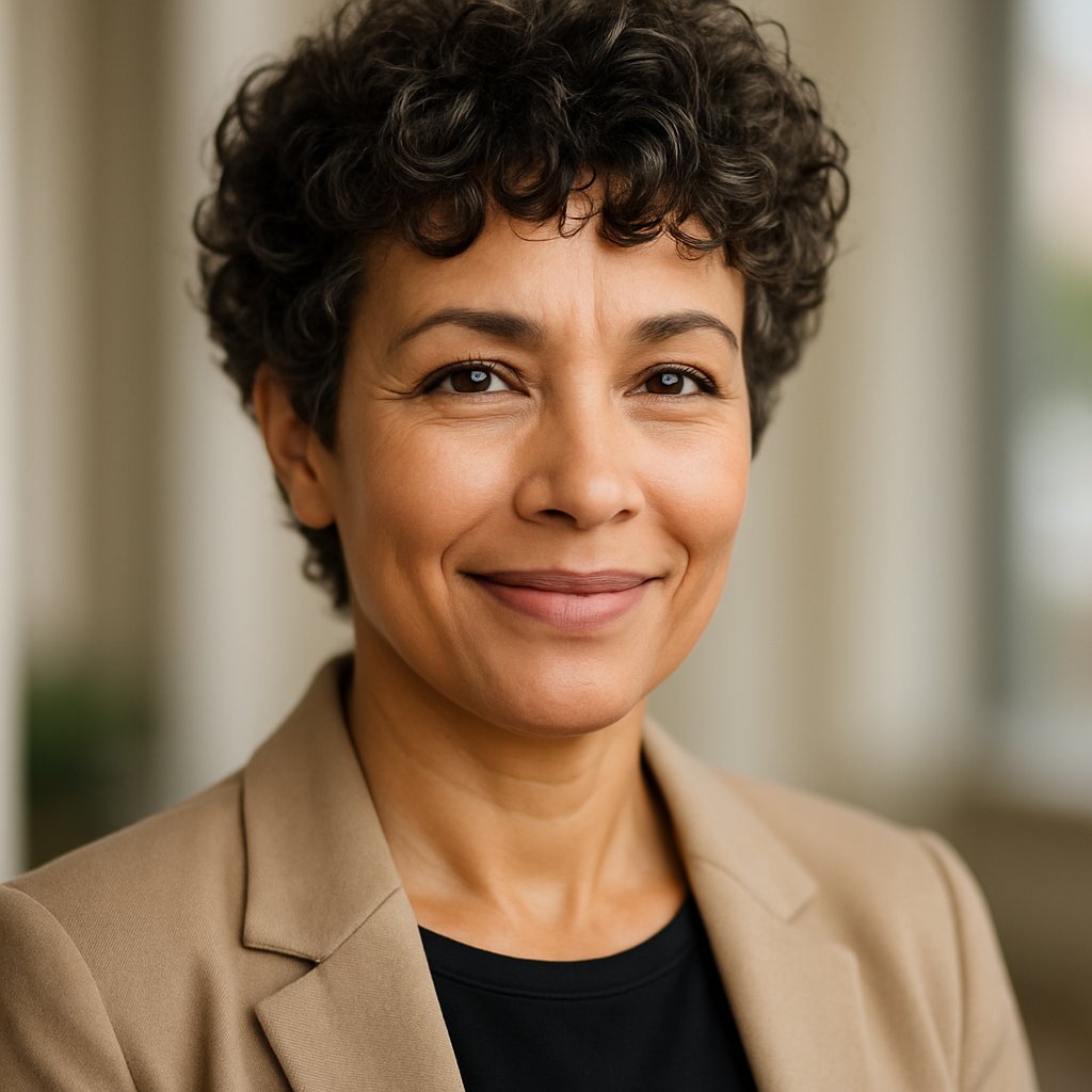 A smiling woman over 45 with short curly hair looking confidently at the camera.