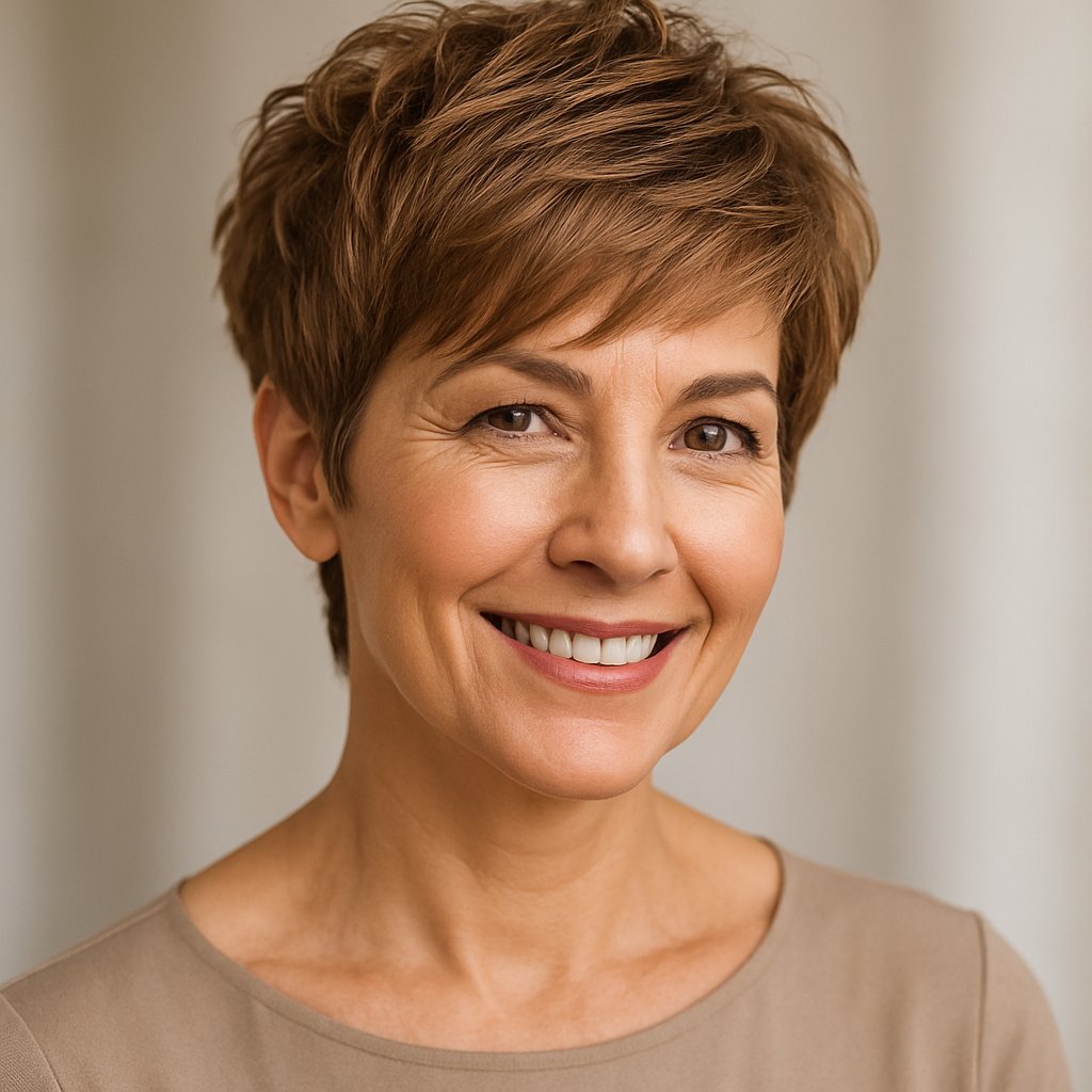 A smiling woman over 45 with a short layered haircut posing against a blurred neutral background.