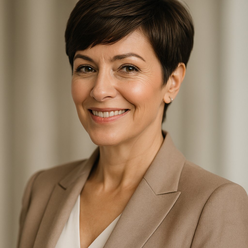 A smiling woman over 45 with a short pixie haircut and side-swept bangs, wearing a stylish outfit against a blurred neutral background.