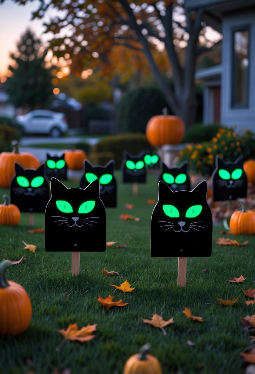 22 Halloween Decorations for Kids That Are Fun and Easy to Create 3 A yard decorated with black cat signs featuring glowing eyes, surrounded by pumpkins and autumn leaves.