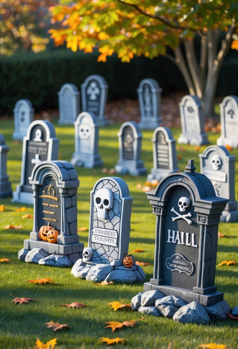 22 Halloween Decorations for Kids That Are Fun and Easy to Create 4 A group of life-sized Halloween tombstone decorations arranged outdoors on grass with autumn leaves around them.