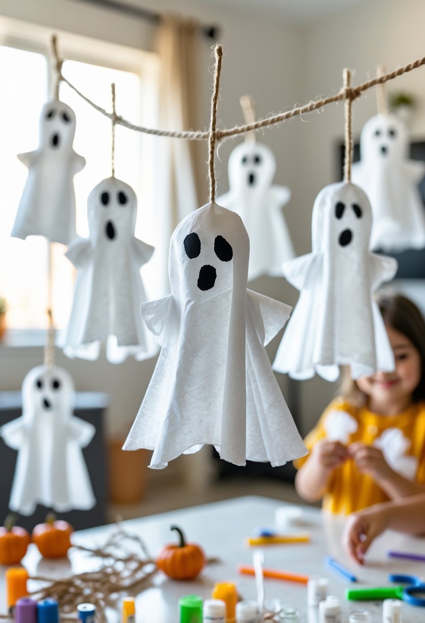 22 Halloween Decorations for Kids That Are Fun and Easy to Create 5 A table with handmade coffee filter ghost decorations hanging and children’s hands making Halloween crafts.