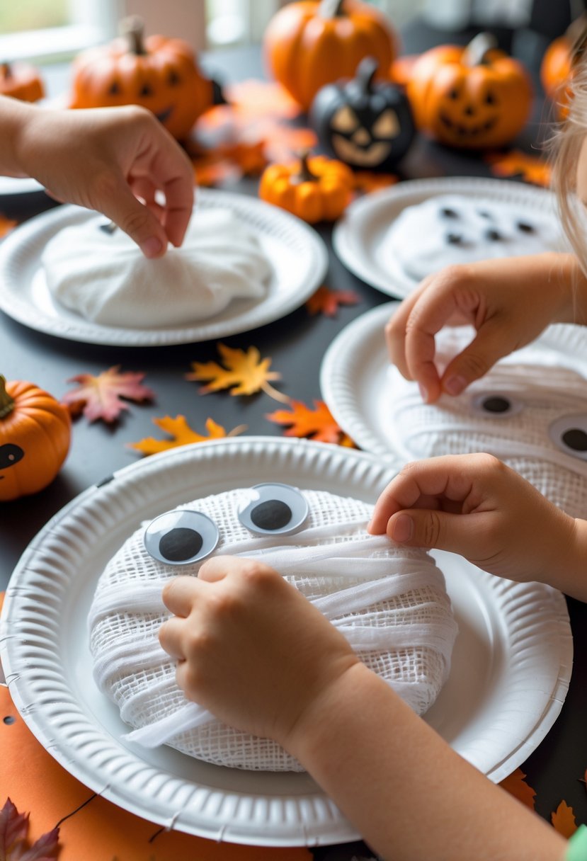 22 Halloween Decorations for Kids That Are Fun and Easy to Create 6 Children making paper plate mummy crafts with gauze and googly eyes on a table with Halloween decorations.