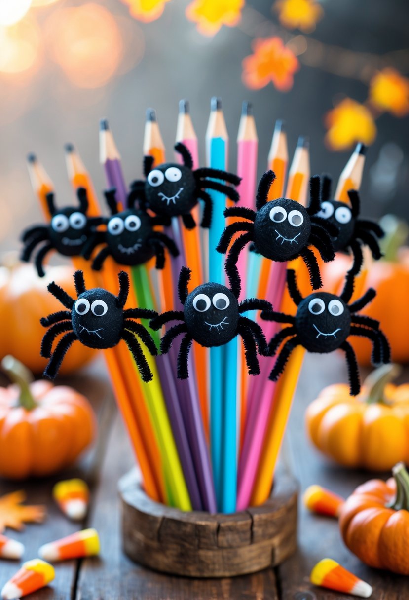 22 Halloween Decorations for Kids That Are Fun and Easy to Create 7 A collection of pencils decorated with small spooky spider crafts arranged on a wooden table with pumpkins, autumn leaves, and candy corn.