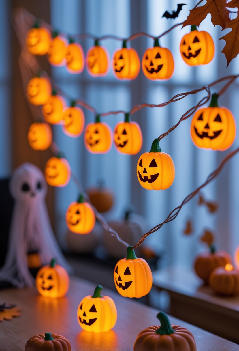 22 Halloween Decorations for Kids That Are Fun and Easy to Create 8 Glow-in-the-dark pumpkin string lights hanging indoors with Halloween decorations in the background.