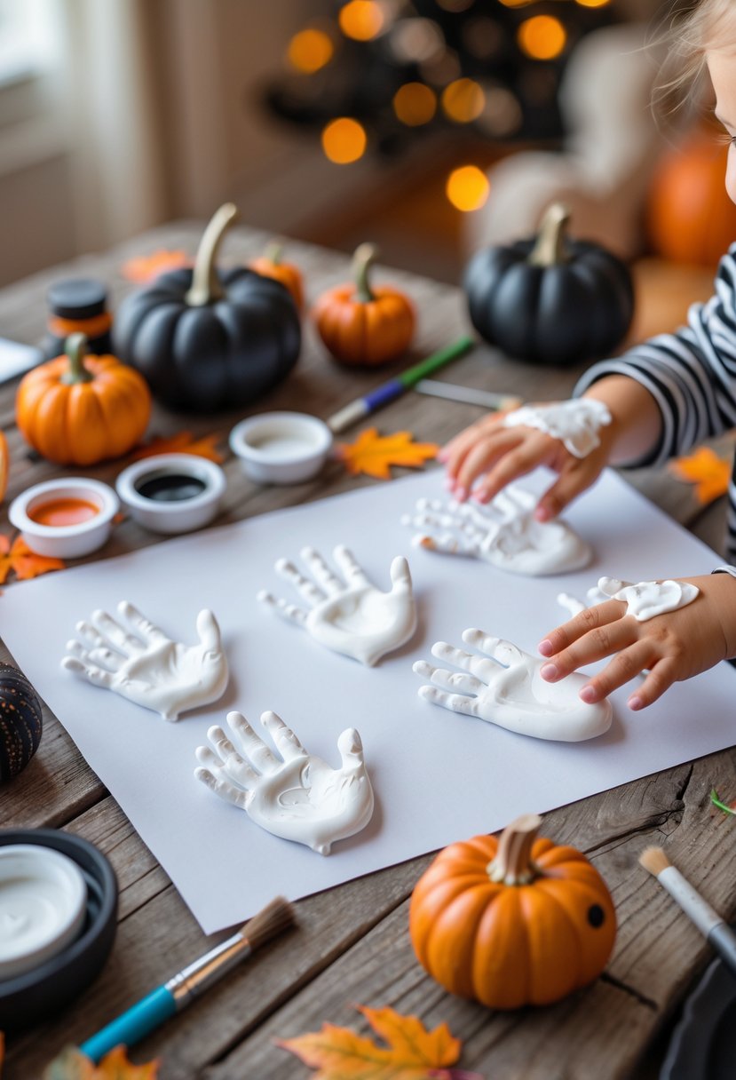 22 Halloween Decorations for Kids That Are Fun and Easy to Create 9 A child making Halloween handprint ghost crafts on a wooden table surrounded by art supplies and small Halloween decorations.
