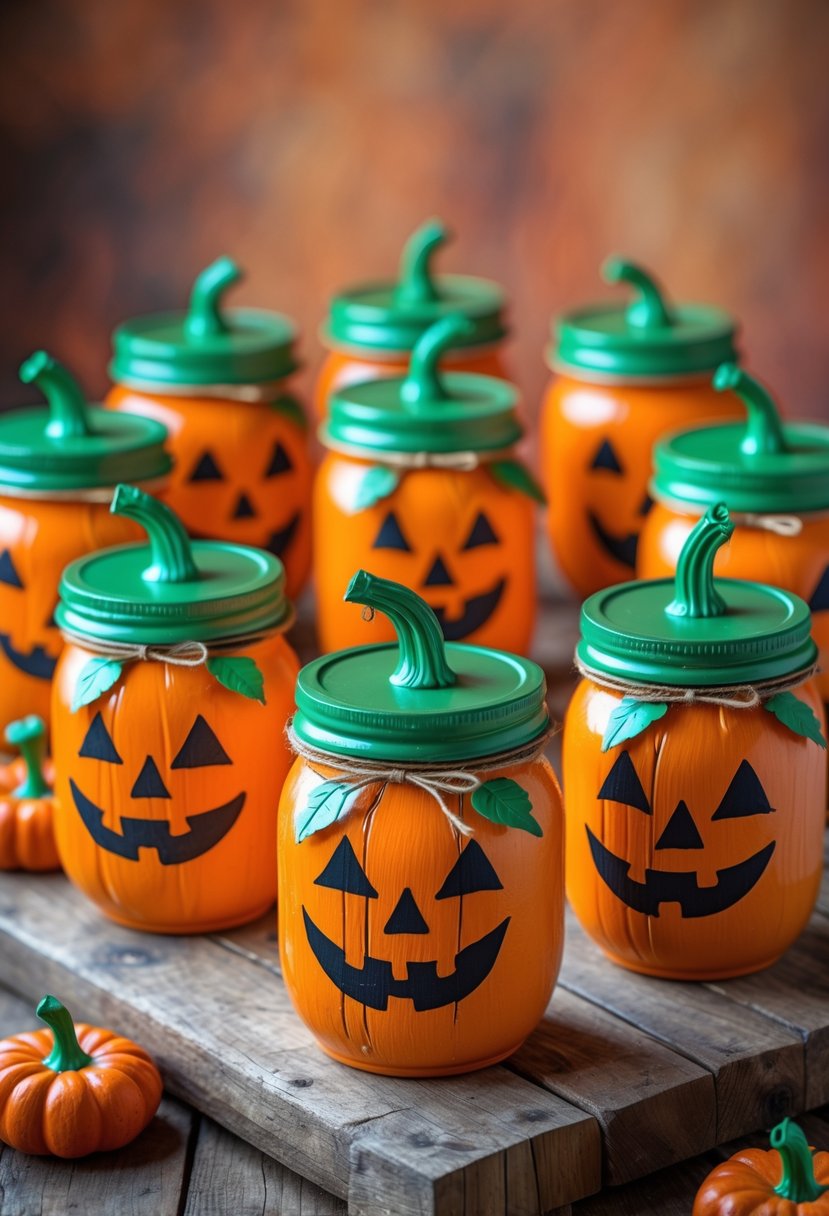 22 Halloween Decorations for Kids That Are Fun and Easy to Create 10 A group of mason jars painted like pumpkins with jack-o'-lantern faces arranged on a wooden table as Halloween decorations.