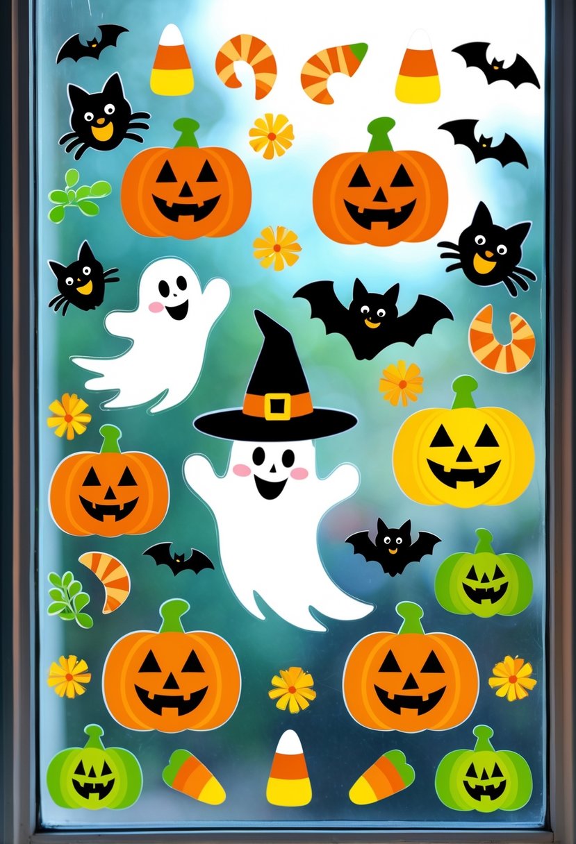 22 Halloween Decorations for Kids That Are Fun and Easy to Create 11 A window decorated with colorful Halloween-themed clings including pumpkins, ghosts, black cats, witches, and bats.