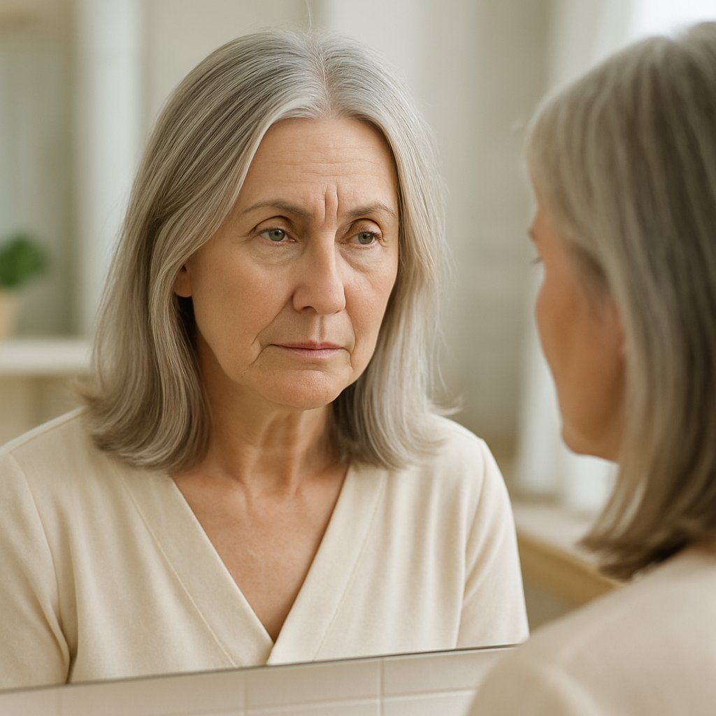 A mature woman looking thoughtfully at her reflection in a bathroom mirror, examining her hair parting.