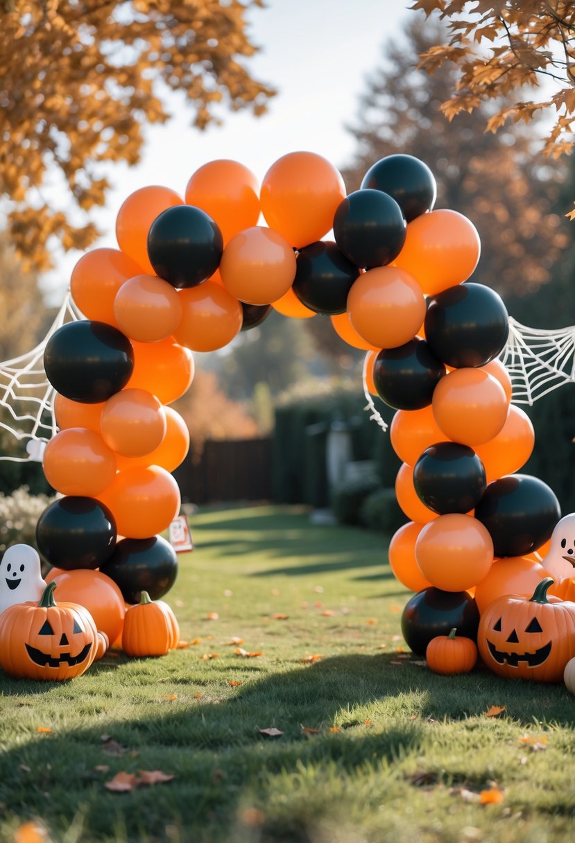 22 Halloween Decorations for Kids That Are Fun and Easy to Create 12 A colorful orange and black balloon arch outdoors with Halloween decorations and autumn trees in the background.