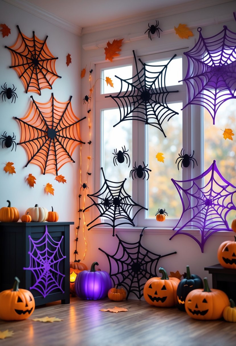 22 Halloween Decorations for Kids That Are Fun and Easy to Create 13 Colorful spider web decorations stretched across a room with plastic spiders and Halloween-themed items like pumpkins and autumn leaves.
