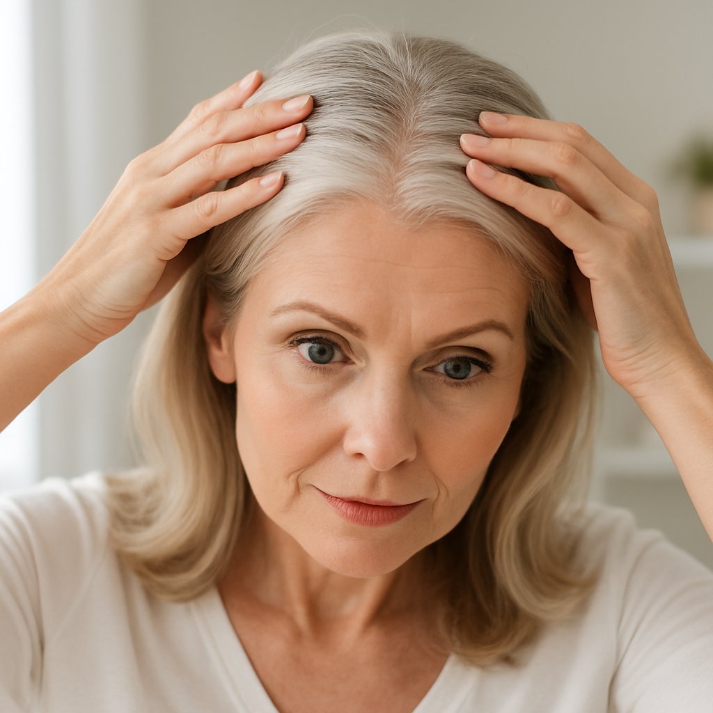 A mature woman gently parts her hair while looking into a bathroom mirror.
