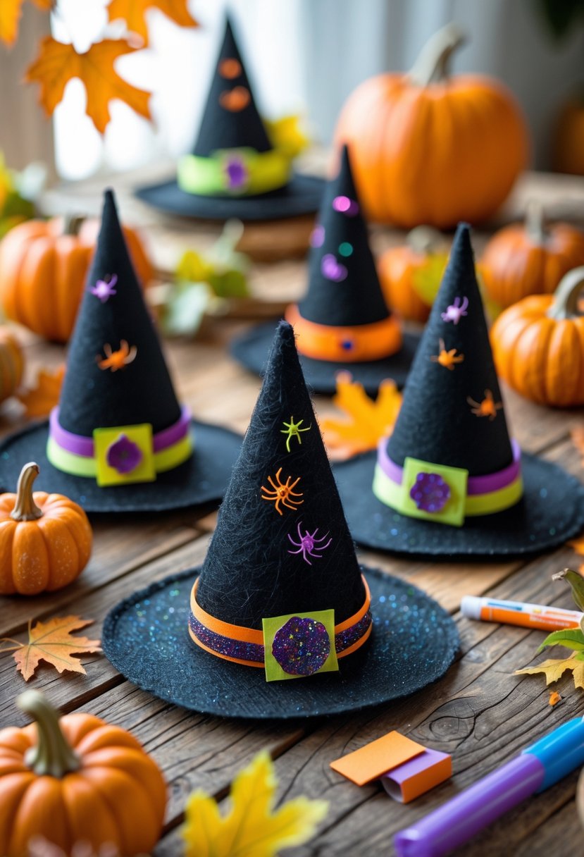 22 Halloween Decorations for Kids That Are Fun and Easy to Create 14 A table with handmade small witch hat decorations surrounded by autumn leaves, pumpkins, and craft supplies.