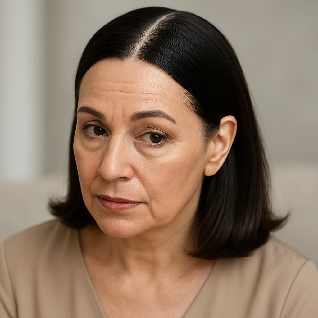 A mature woman with a receding hairline styling her hair with a severe part, looking thoughtfully to the side.