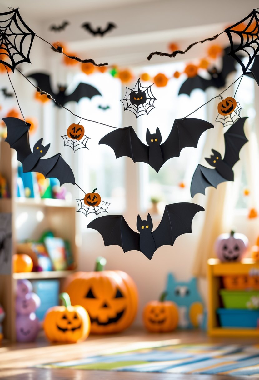 22 Halloween Decorations for Kids That Are Fun and Easy to Create 16 A children's playroom decorated with a paper bat garland and other Halloween decorations like pumpkins and ghosts.