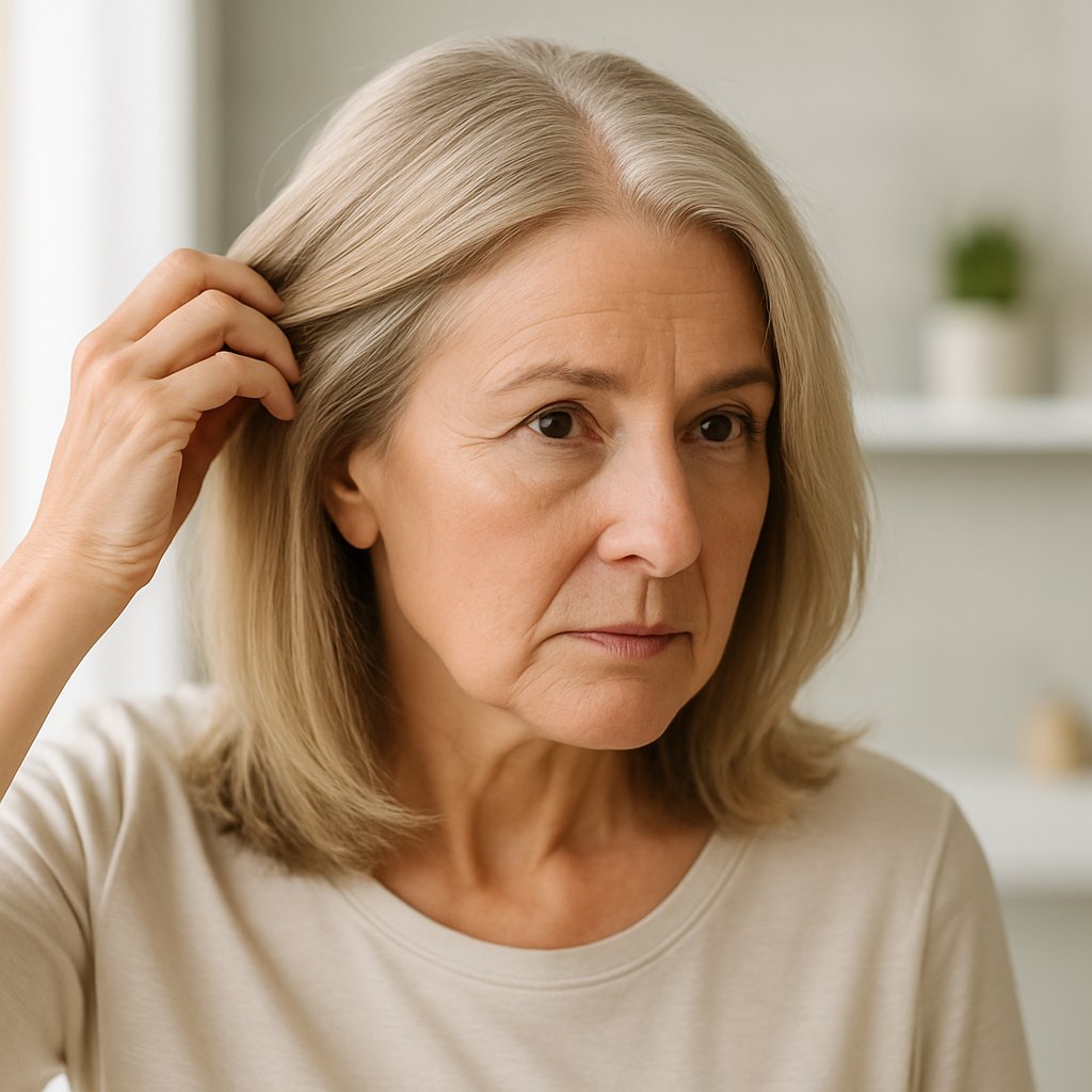 A mature woman looking into a mirror while holding a section of her hair to one side, showing a traditional hair parting style.