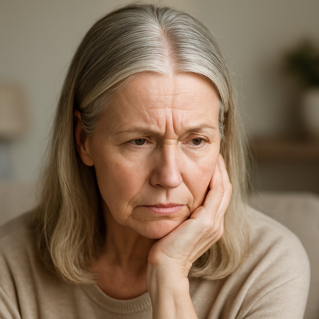 A mature woman with gray hair and a thick, obvious hair part line sitting indoors, looking thoughtful.