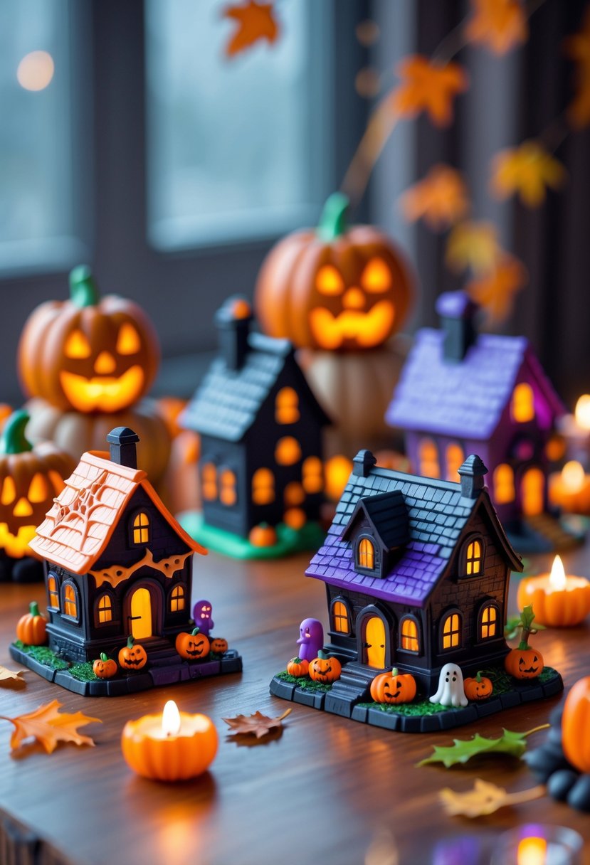 22 Halloween Decorations for Kids That Are Fun and Easy to Create 18 A collection of small haunted house playsets decorated with Halloween-themed items like pumpkins, skeletons, and bats arranged on a table.