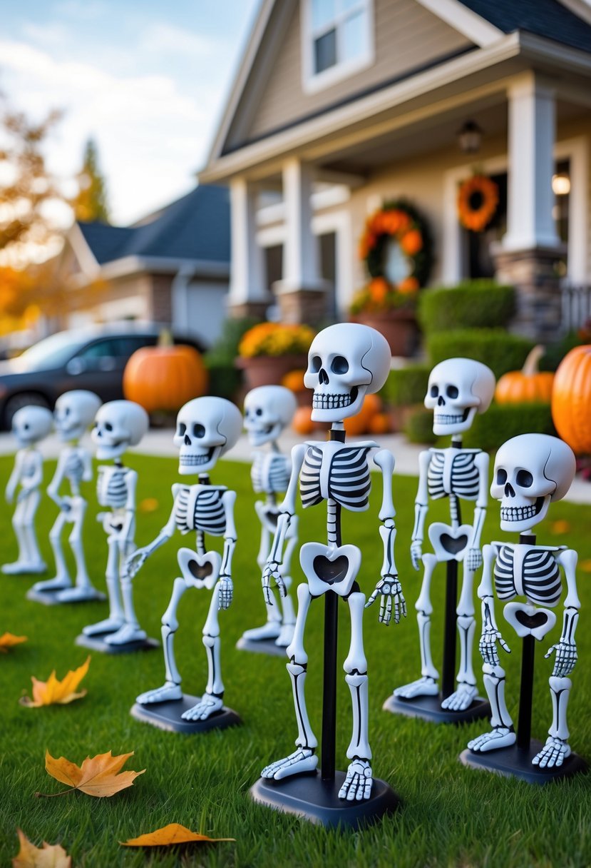 22 Halloween Decorations for Kids That Are Fun and Easy to Create 19 A front lawn decorated with 22 playful skeleton yard stakes arranged in grass near a house with autumn decorations.