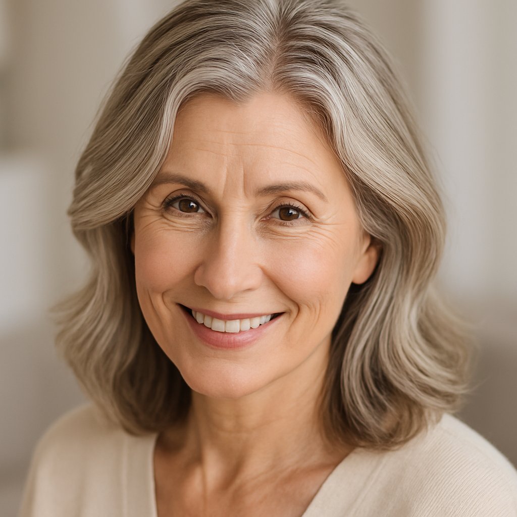 A smiling mature woman with a soft zigzag hair part that adds texture and conceals thinning, looking confident indoors.