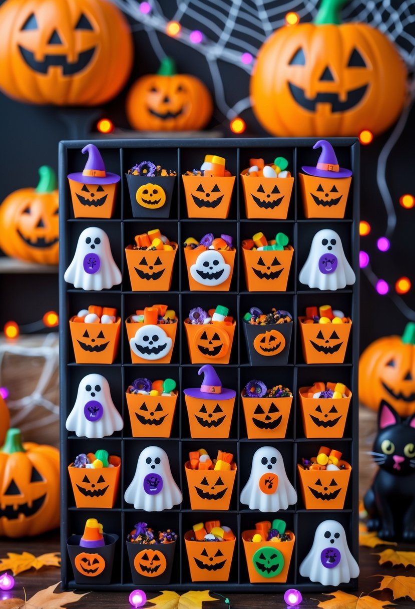 22 Halloween Decorations for Kids That Are Fun and Easy to Create 20 A Halloween countdown calendar with 22 decorated compartments surrounded by kid-friendly Halloween decorations like pumpkins, ghosts, bats, and spiders.
