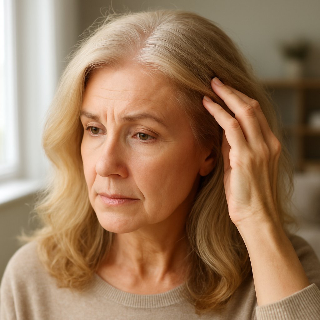 A mature woman indoors near a window, touching her hair part with a thoughtful expression.