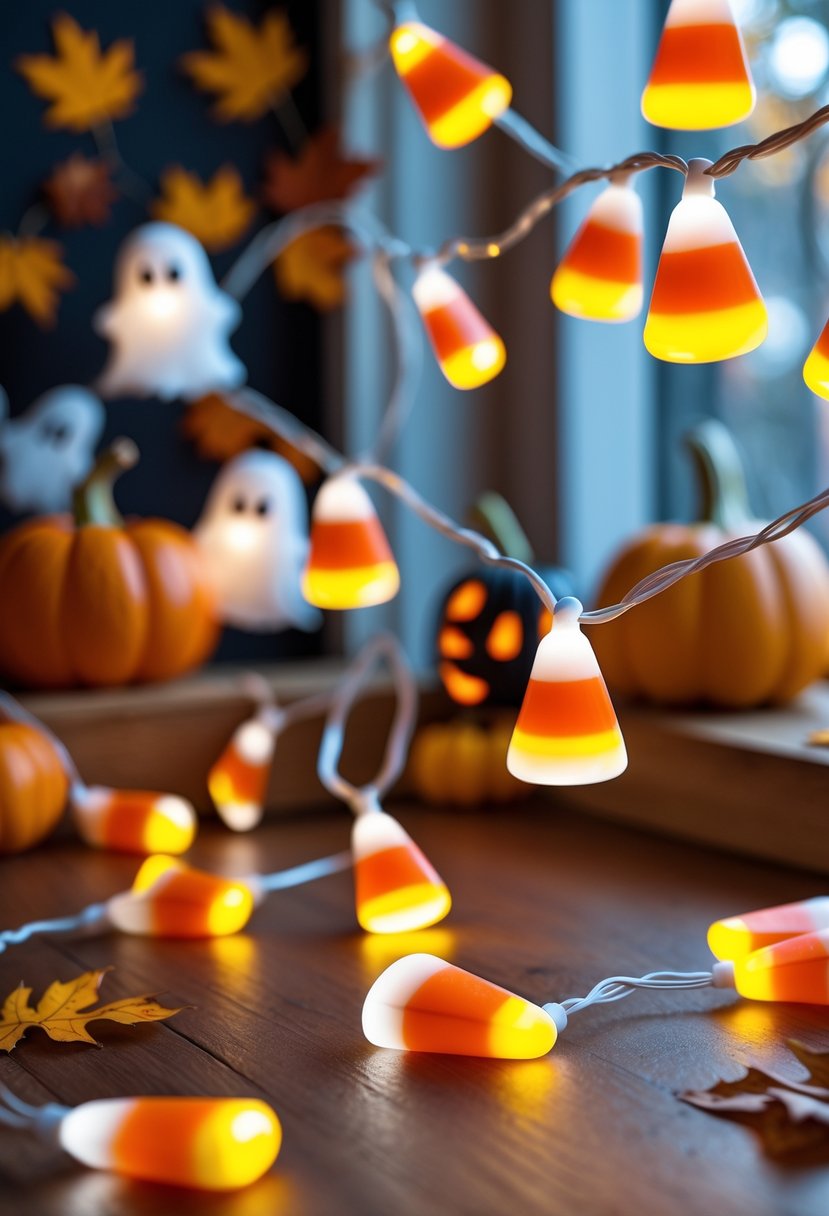 22 Halloween Decorations for Kids That Are Fun and Easy to Create 21 A string of candy corn shaped lights glowing among Halloween decorations including pumpkins and paper bats.