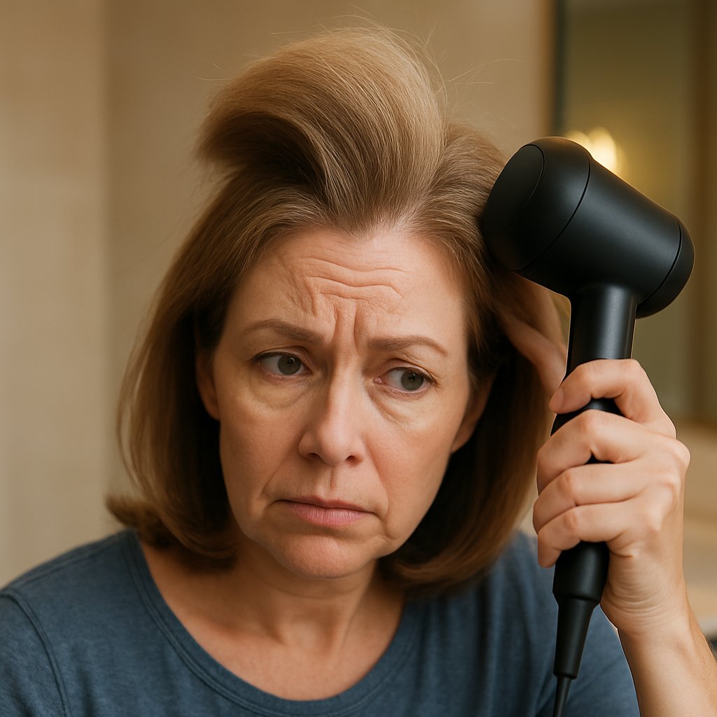 Middle-aged woman using a hair dryer close to her hair part, creating a poof in her hair while looking at herself in a bathroom mirror.
