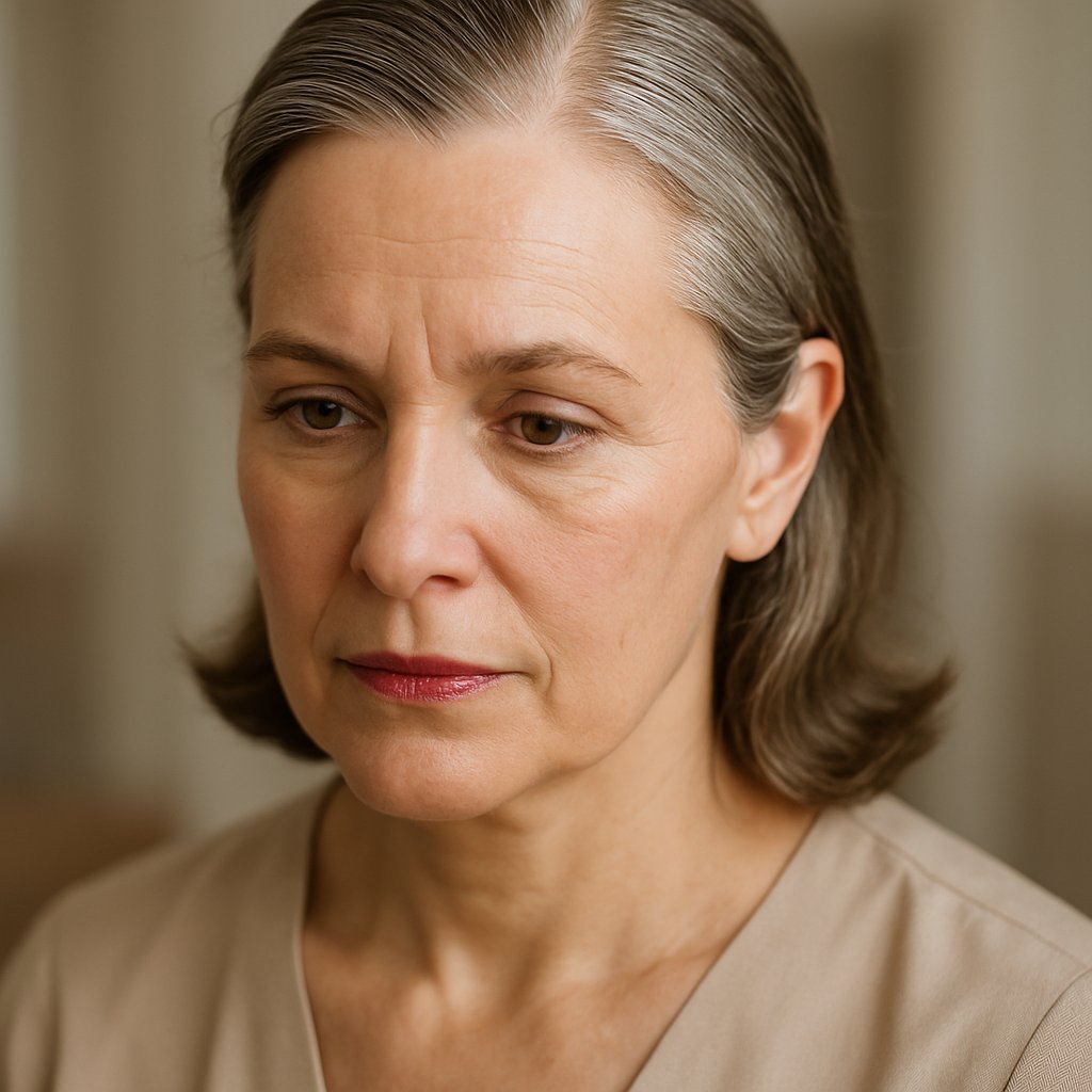 Middle-aged woman with a side part hairstyle showing a wide forehead, looking thoughtfully at the camera indoors.