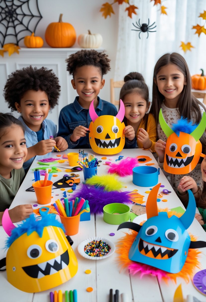 22 Halloween Decorations for Kids That Are Fun and Easy to Create 23 Children making and wearing colorful DIY monster masks at a table with craft supplies and Halloween decorations.