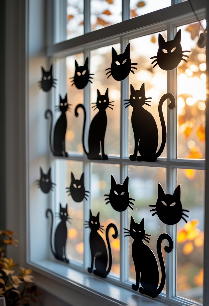 22 Halloween Decorations for Kids That Are Fun and Easy to Create 24 Window decorated with black cat silhouette decals with autumn light shining through.