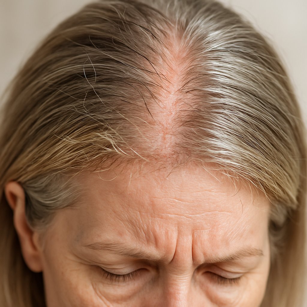 Close-up of a mature woman's hair part showing damaged, brittle hair and a slightly irritated scalp.