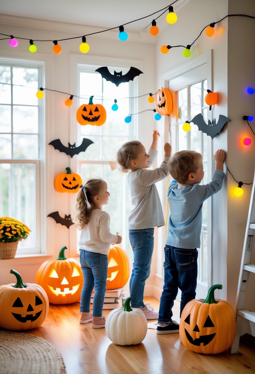22 Halloween Decorations for Kids That Are Fun and Easy to Create 25 A family with young children safely decorating their home with kid-friendly Halloween decorations.