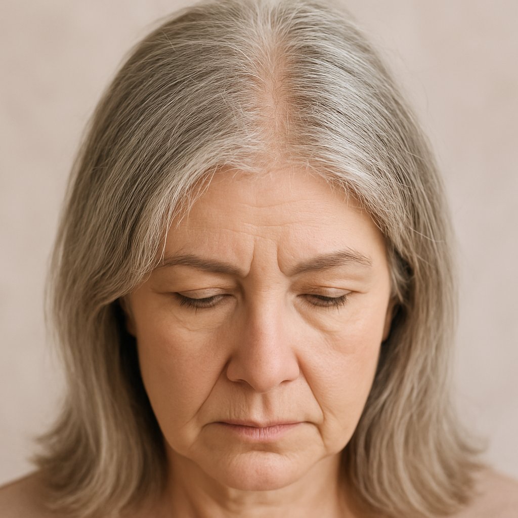 Close-up of an older woman with gray hair parted unevenly, showing dryness and frizz along the part.