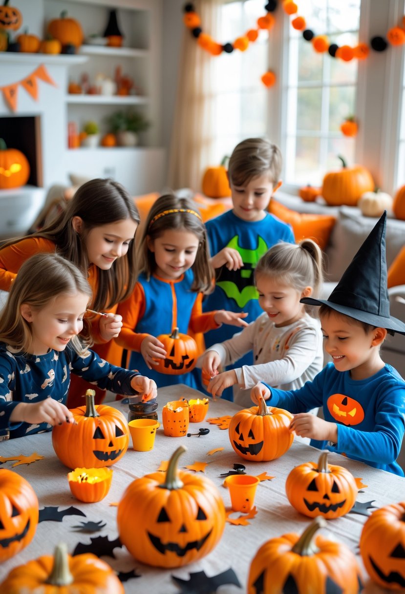 22 Halloween Decorations for Kids That Are Fun and Easy to Create 26 Children happily decorating a room with Halloween crafts and painted pumpkins.