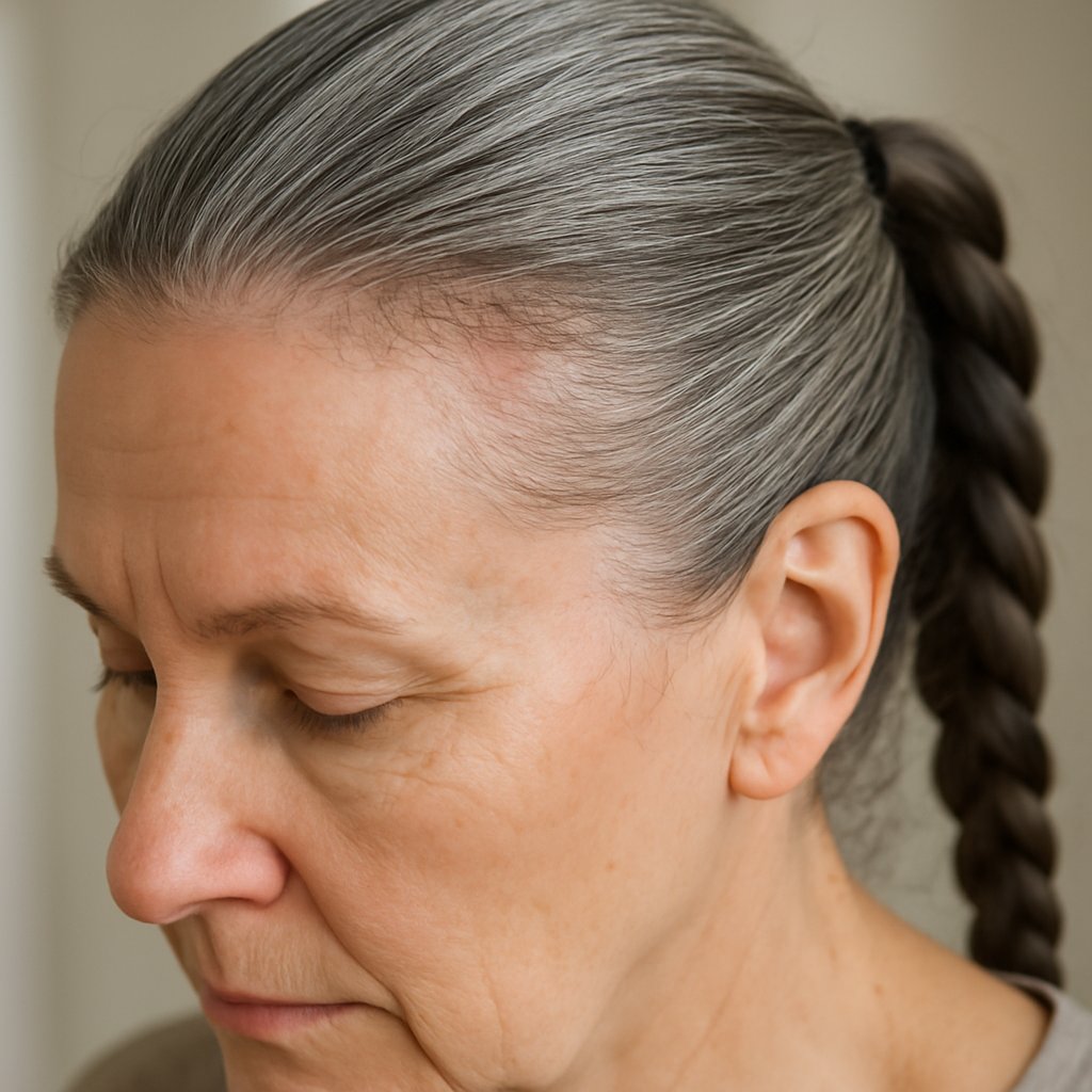 Close-up of an older woman with gray-streaked hair pulled tightly into a part, showing slight scalp redness and thinning along the hairline.