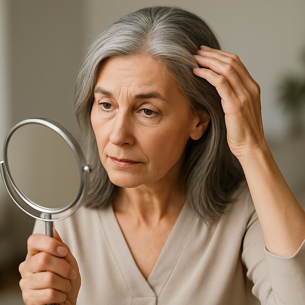 A mature woman looking at her hair part in a hand mirror, gently touching her hair, sitting in a bright room.