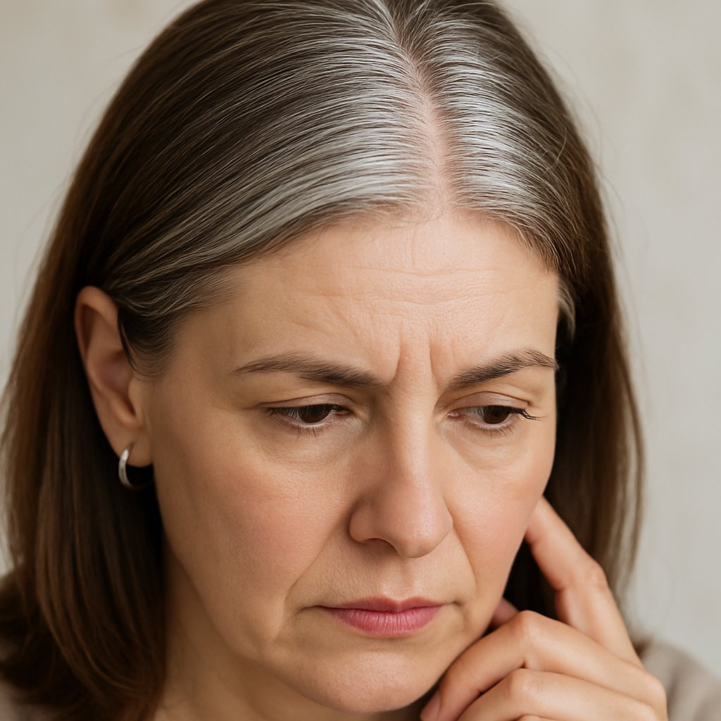 Close-up of a middle-aged woman with a hair part revealing gray roots.