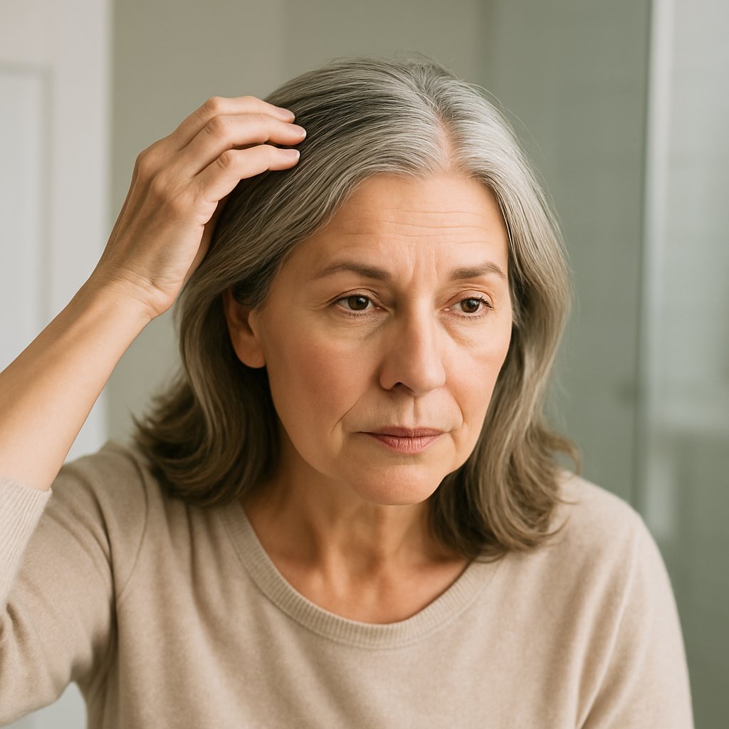 A mature woman looking thoughtfully at her hair part in a bathroom mirror, gently touching her hair.