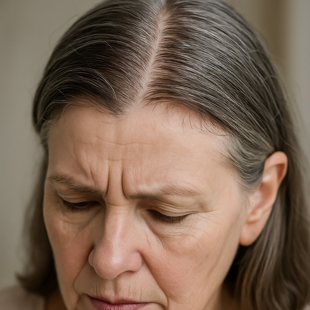 Close-up of an older woman’s hair part showing sharp edges and untrimmed baby hairs.