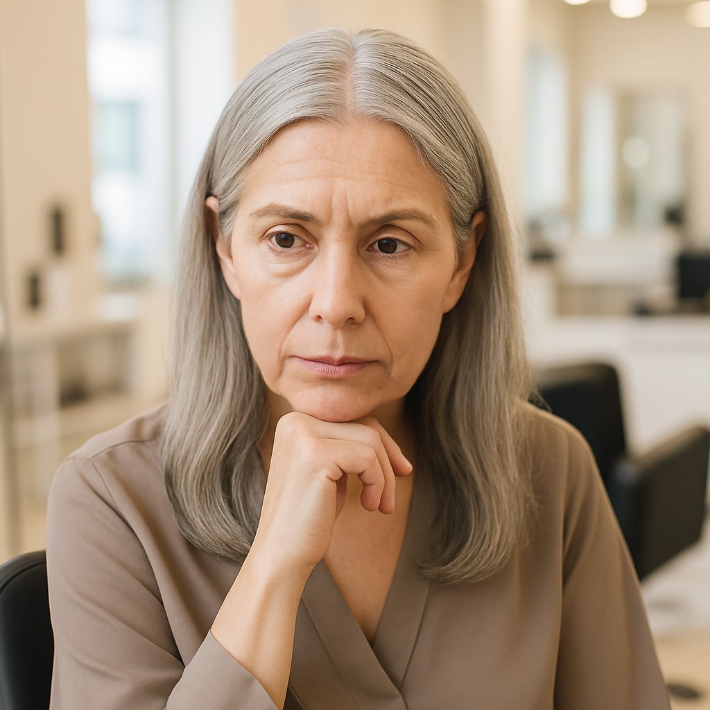 An older woman with gray hair sitting in a salon chair, looking thoughtfully into a mirror.