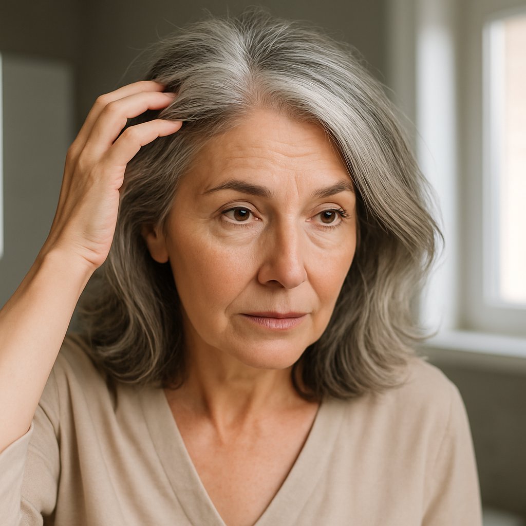 A mature woman looking at her reflection in a mirror, gently touching her hair near the parting line.