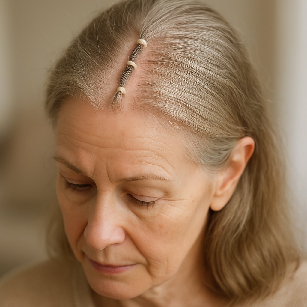 Close-up of an older woman with thinning hair showing tight hair elastics pulling at her scalp near the hair part.