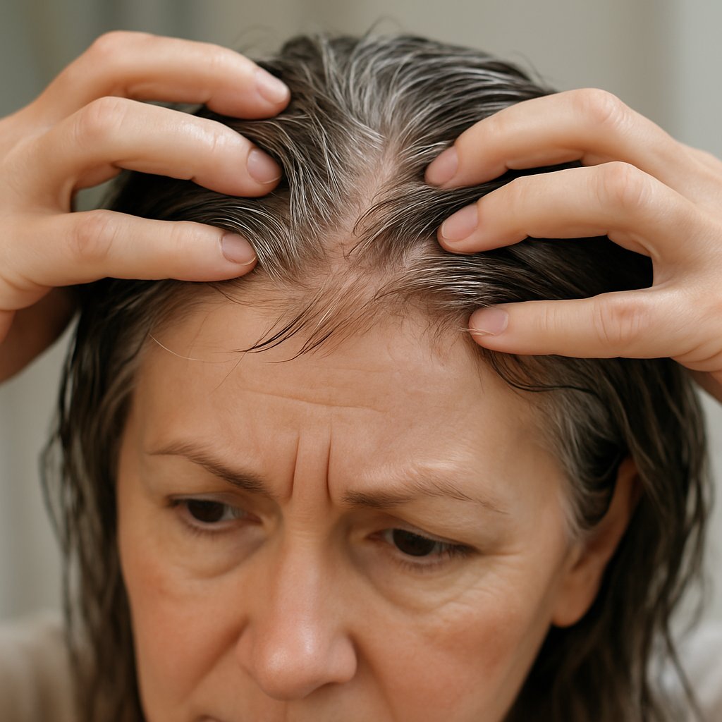 Close-up of an older woman with wet hair being parted harshly, showing hair breakage near the scalp.