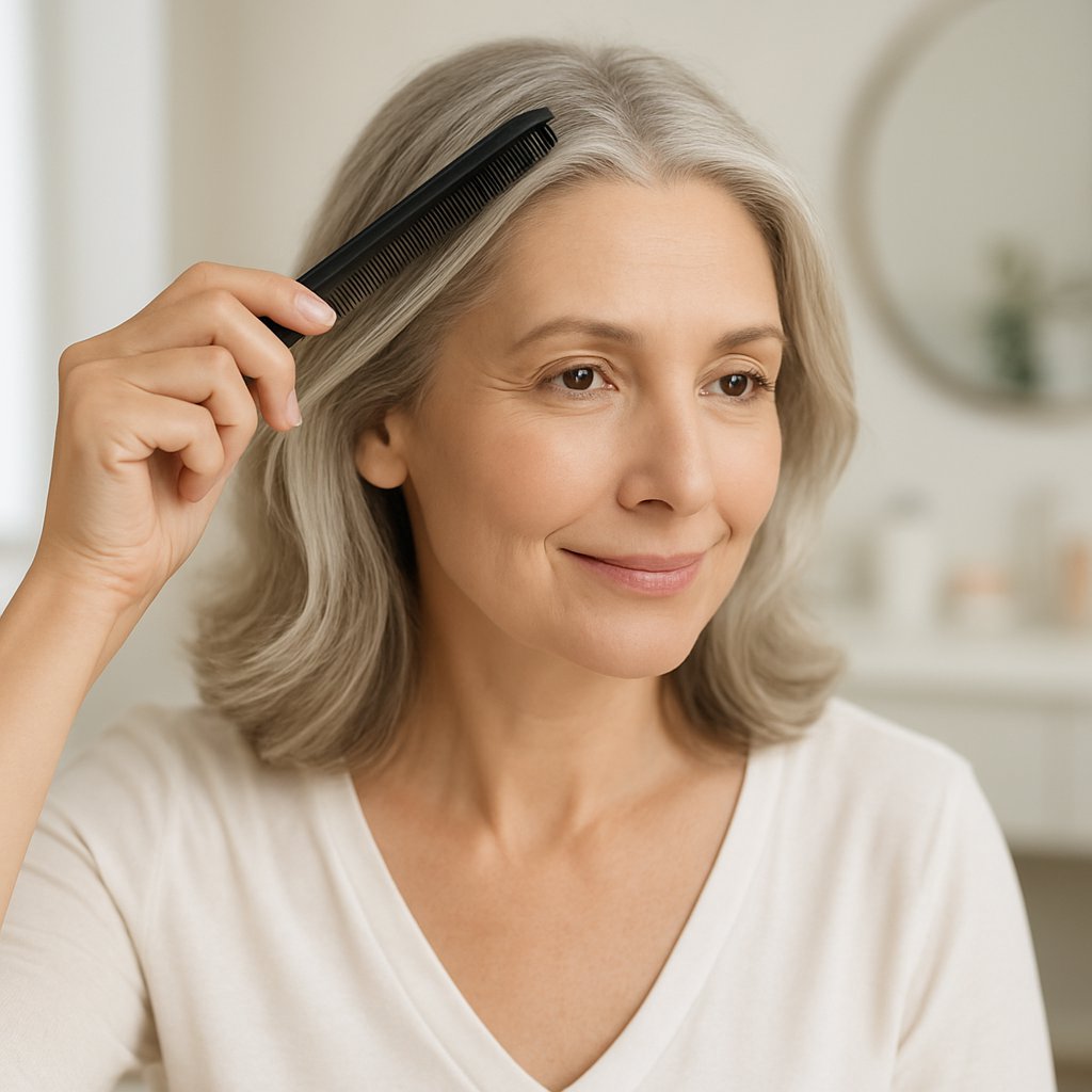 A middle-aged woman gently parting her hair with a comb while sitting in a bright bathroom.